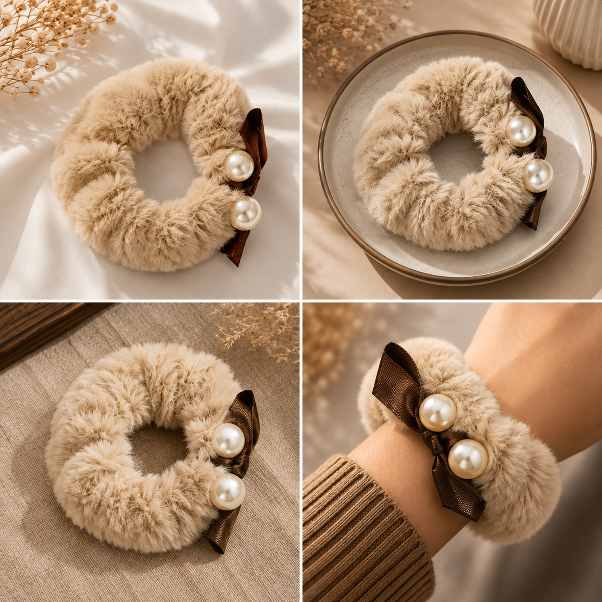 Beige Furry Scrunchie with Brown Bow & Pearl Accents