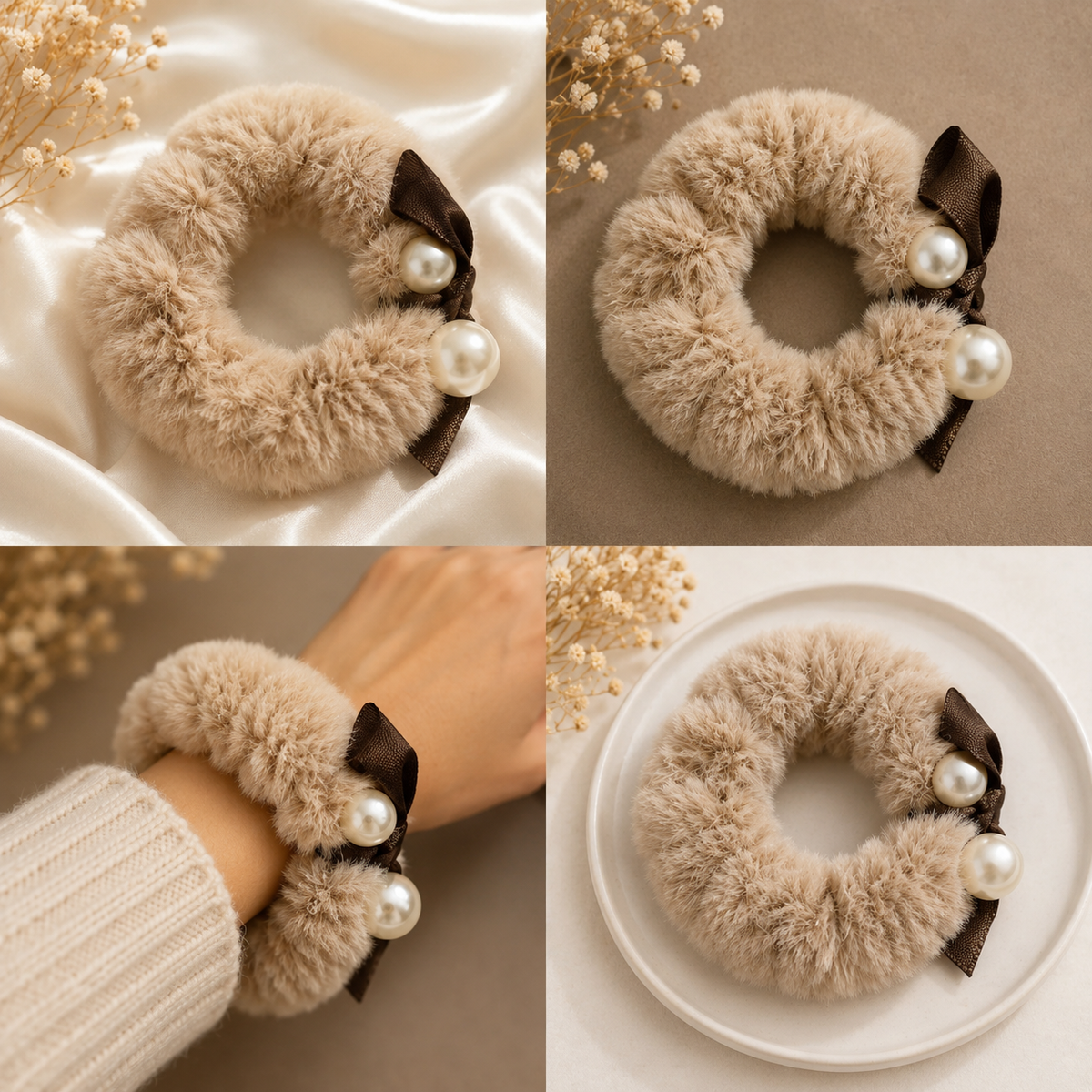 Beige Furry Scrunchie with Brown Bow & Pearl Accents