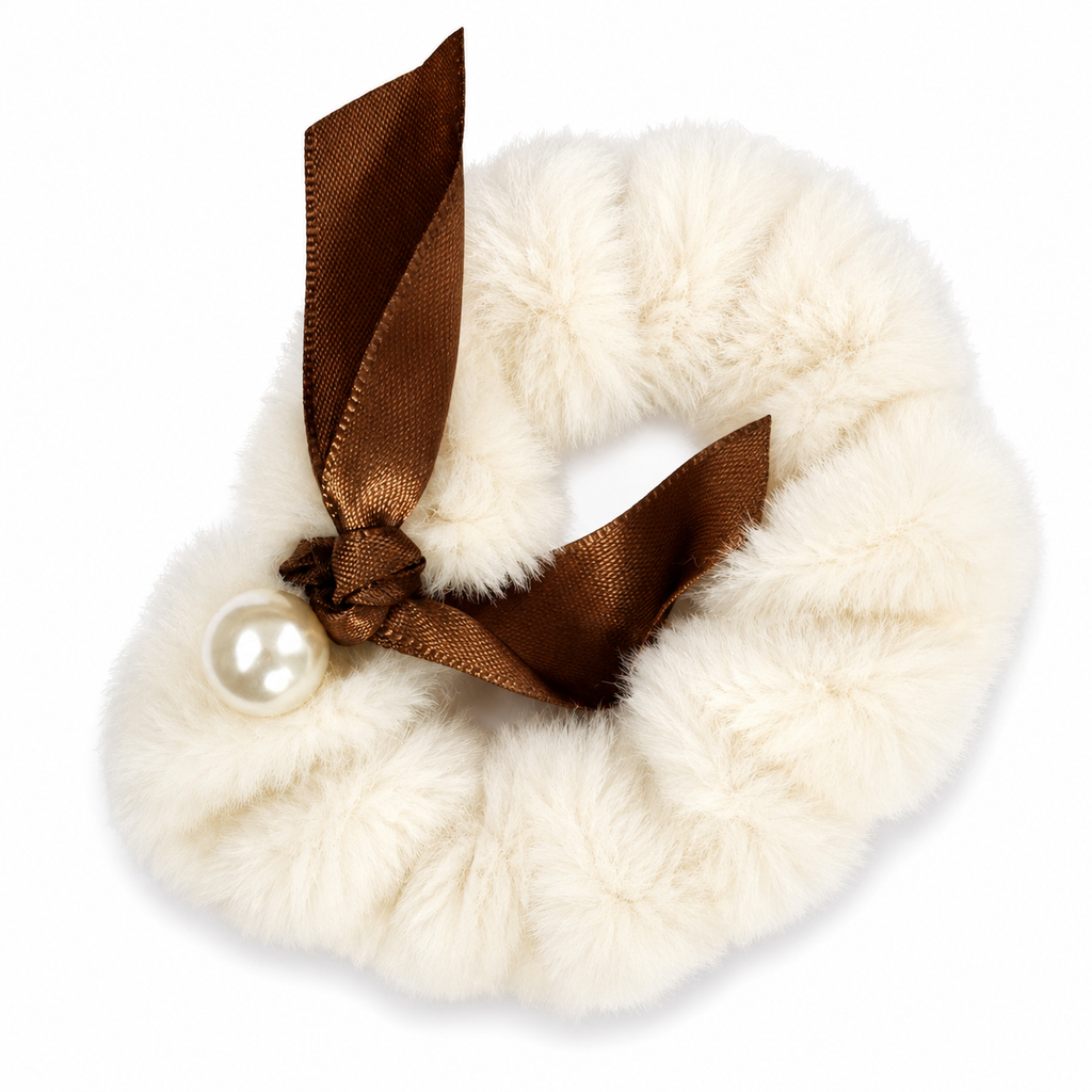 White Furry Scrunchie with Brown Bow & Pearl Detail