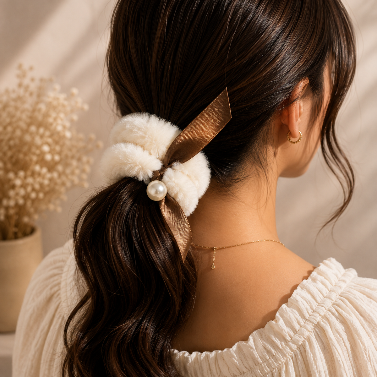 White Furry Scrunchie with Brown Satin Bow & Pearl Accent