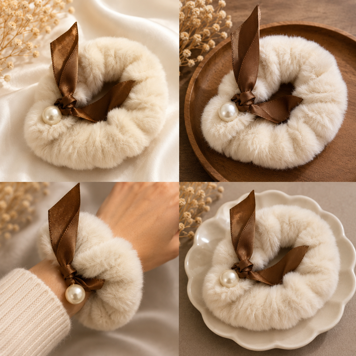 White Furry Scrunchie with Brown Satin Bow & Pearl Accent