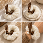 White Furry Scrunchie with Brown Satin Bow & Pearl Accent