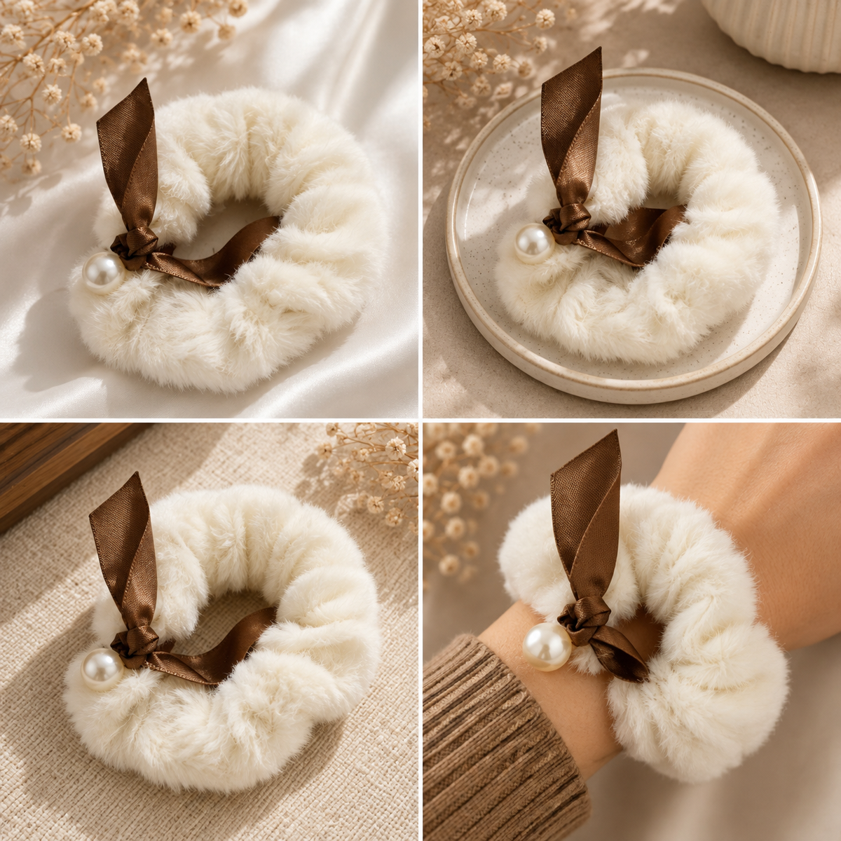 White Furry Scrunchie with Brown Satin Bow & Pearl Accent