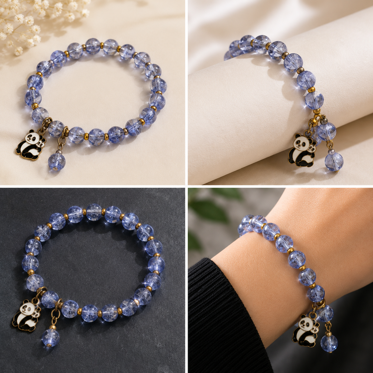 Blue Beaded Bracelet with Teddy Bear Charm