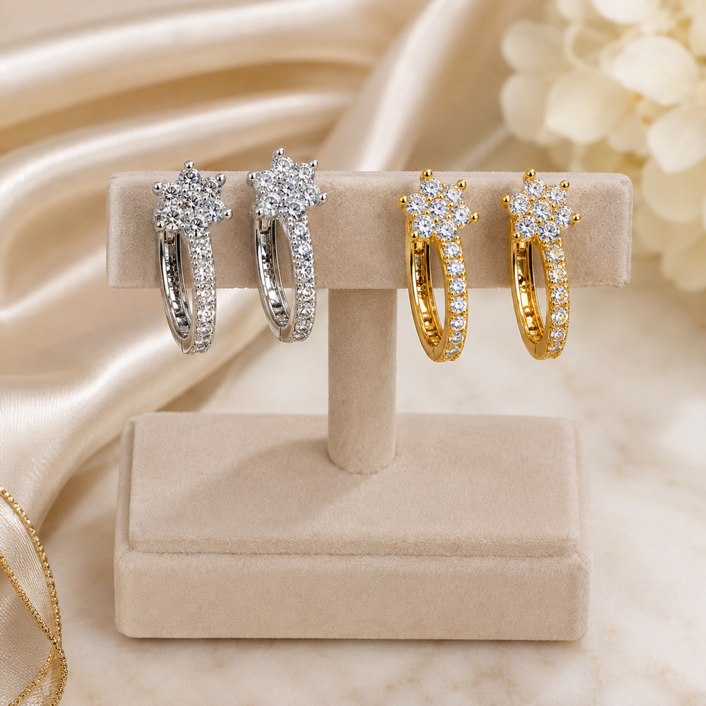 Gold & Silver-Tone Crystal Floral Hoop Earrings for Women