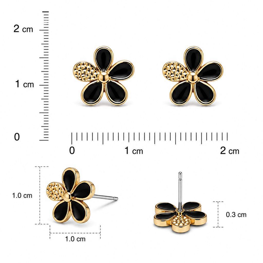 Gold & Black Floral Stud Earrings