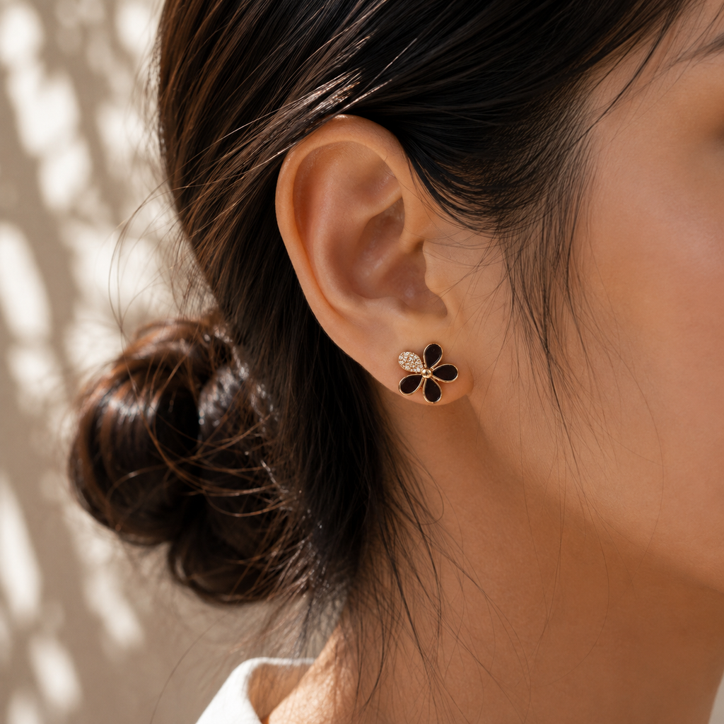 Gold & Black Floral Stud Earrings