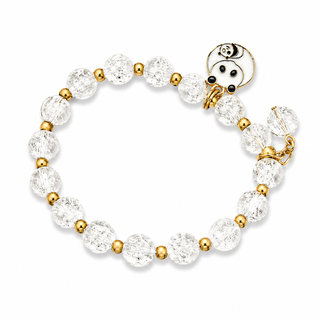 White & Gold Beaded Bracelet with Teddy Bear Charm