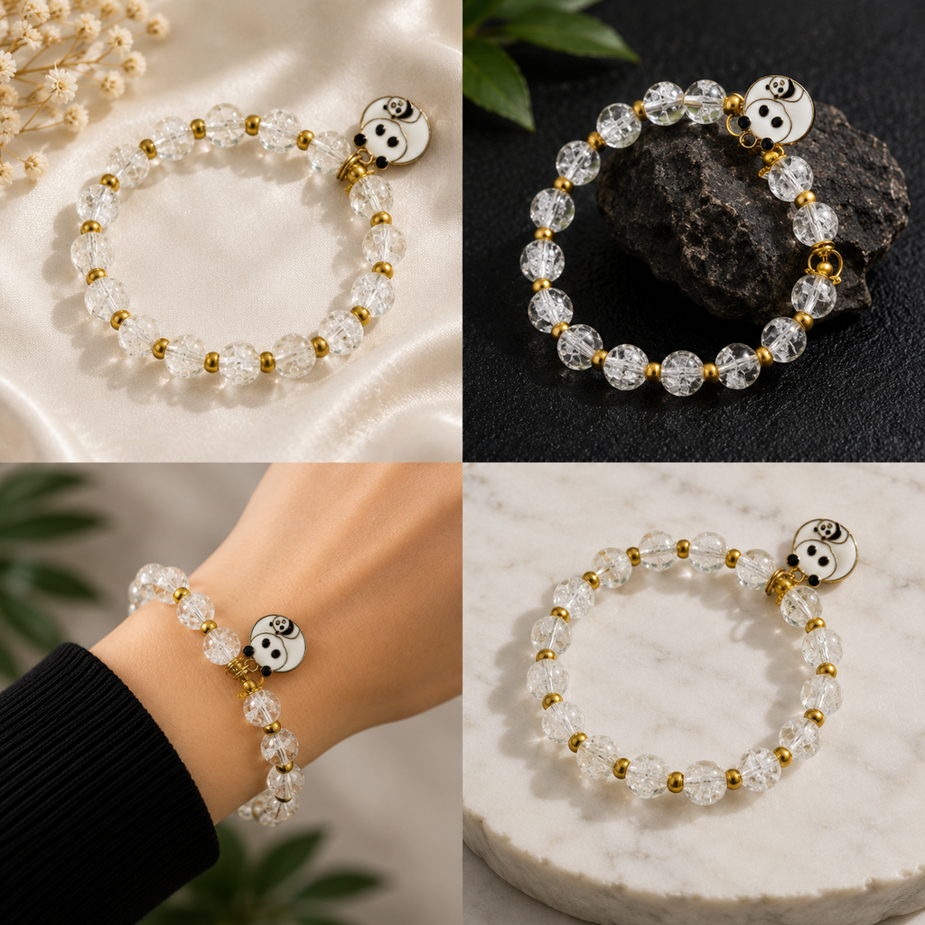 White & Gold Beaded Bracelet with Teddy Bear Charm
