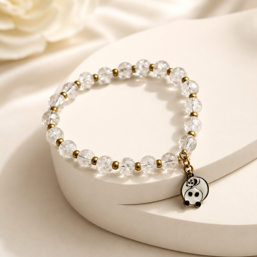 White & Gold Beaded Bracelet with Teddy Bear Charm