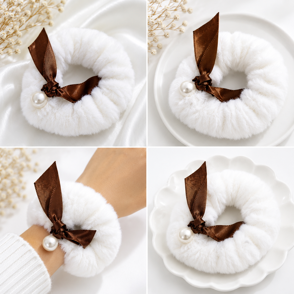 White Furry Scrunchie with Brown Bow & Pearl Detail