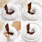 White Furry Scrunchie with Brown Bow & Pearl Detail