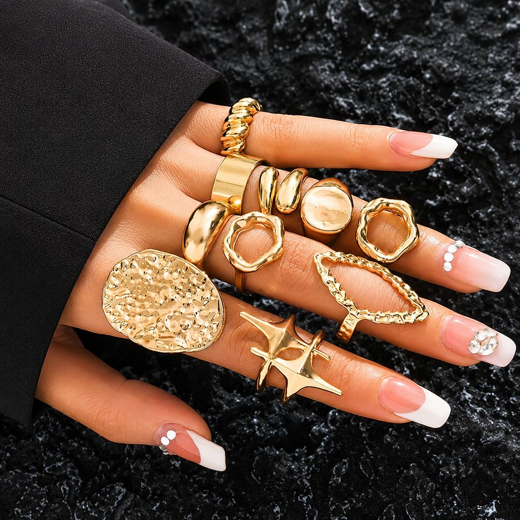 Gold Plated Adjustable Ring Set for Women (Pack of 10)