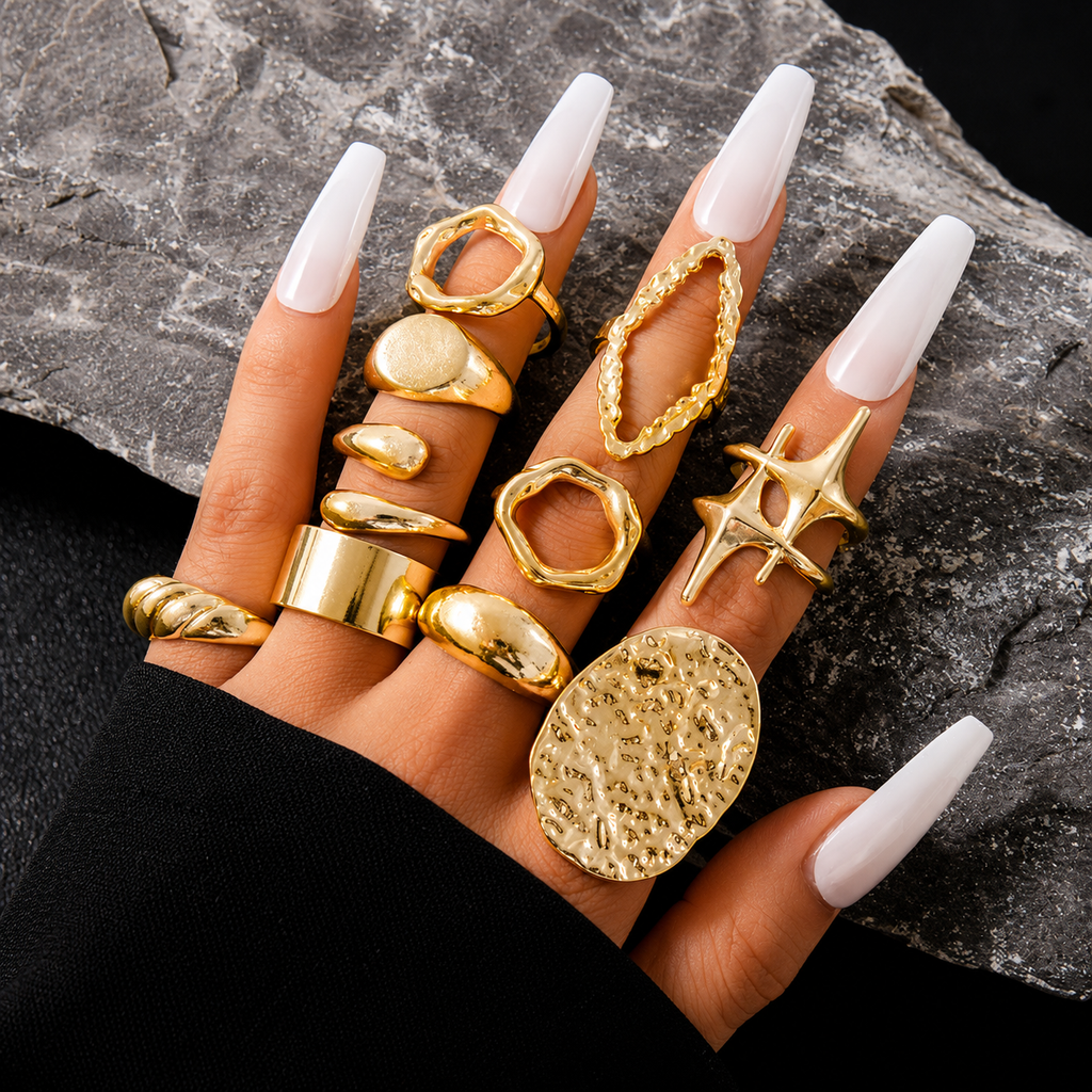 Gold Plated Adjustable Ring Set for Women (Pack of 10)