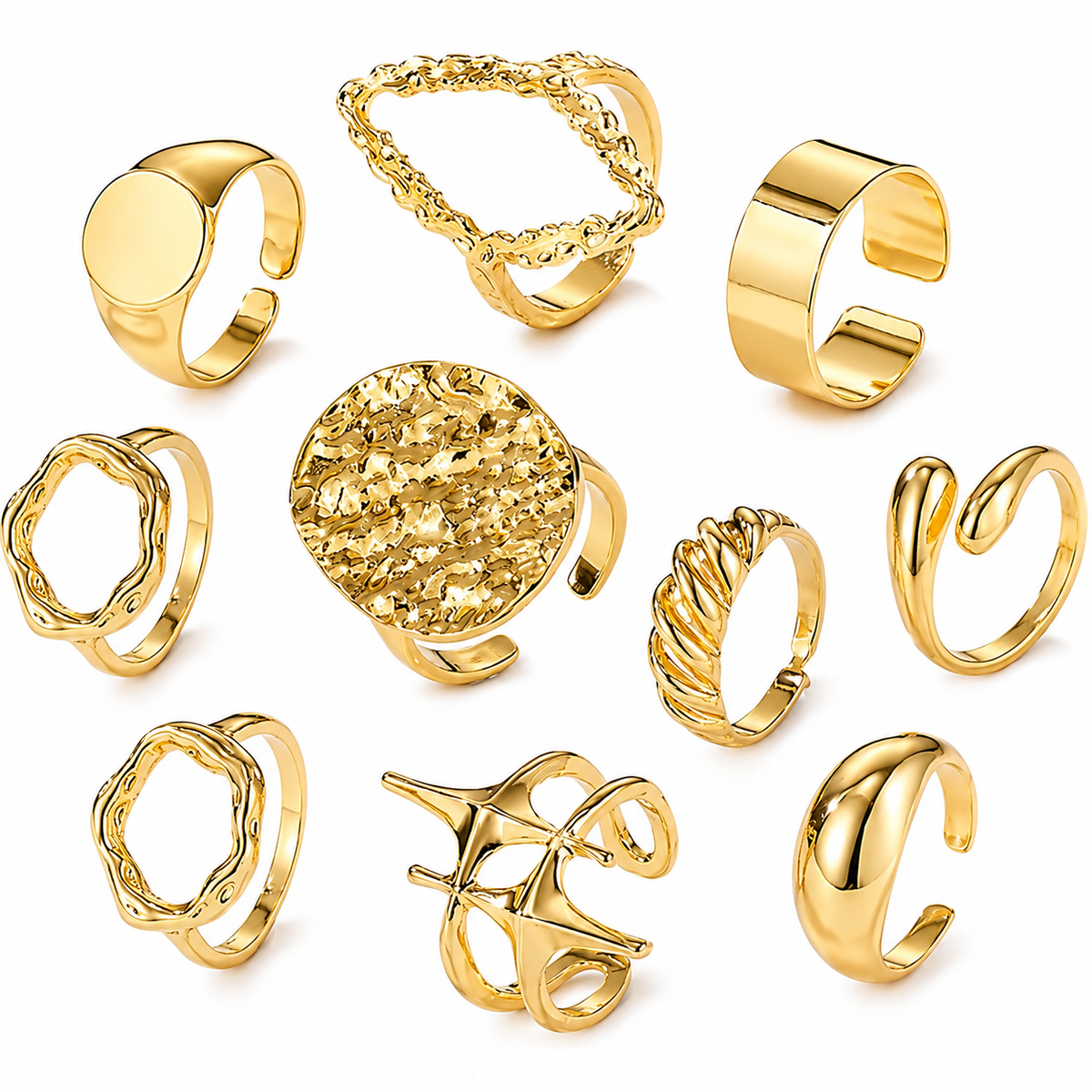 Gold Plated Adjustable Ring Set for Women (Pack of 10)