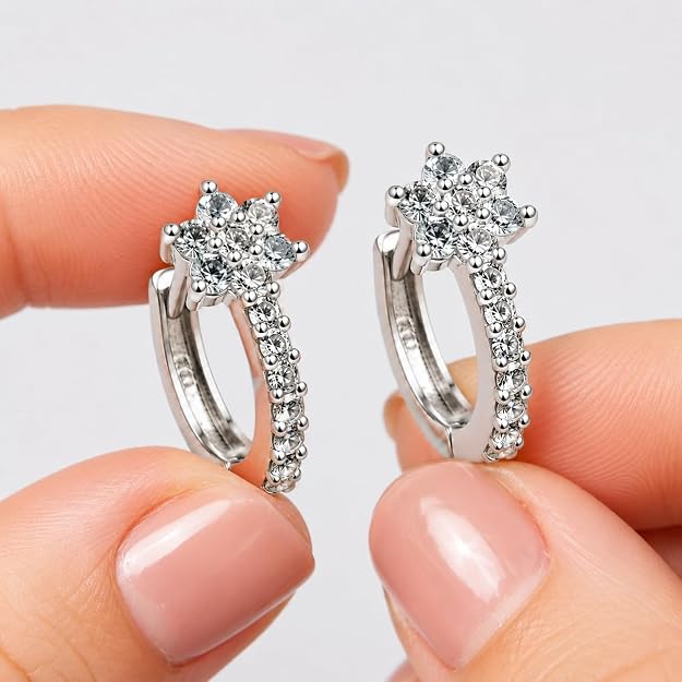 Silver-Tone Crystal Floral Hoop Earrings for Women