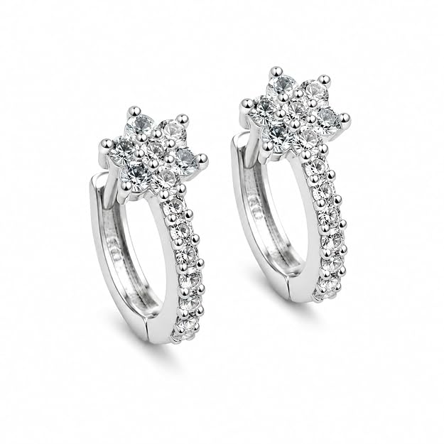 Silver-Tone Crystal Floral Hoop Earrings for Women