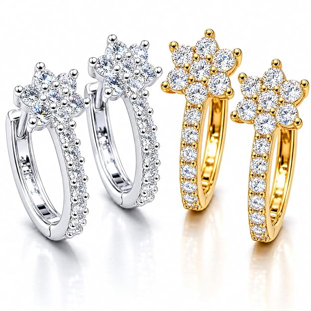 Gold & Silver-Tone Crystal Floral Hoop Earrings for Women